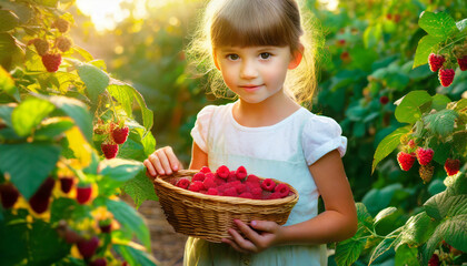 Mała dziewczynka z wiklinowym koszykiem pełnym malin, obok krzaki malin z owocami - obrazy, fototapety, plakaty
