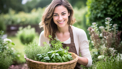 Woman with a basket full of herbs in the garden - obrazy, fototapety, plakaty