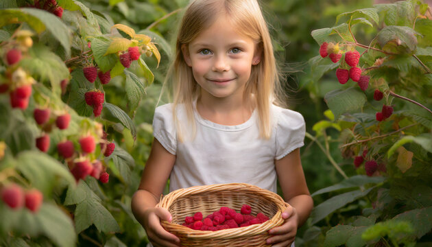 A little girl with a wicker basket full of raspberries, raspberry bushes with fruit next to them