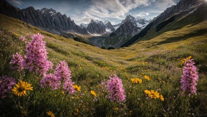 Springtime charm in the Alps, blooming meadows under the azure sky. Idyllic mountain scenery with nature in full bloom.