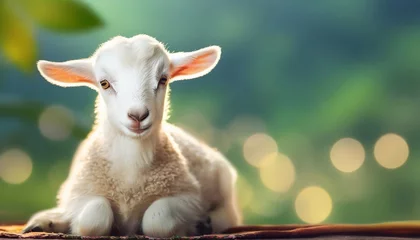 Fototapeten Cute sitting baby goat sheep background banner panorama spring easter. eid mubarak   © adobedesigner