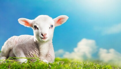 Naklejka na ściany i meble Cute little lamb on fresh spring green meadow during sunrise. Eid mubarak 