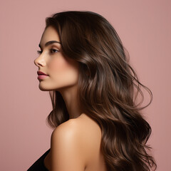 Fototapeta premium Photo of a woman with long brown well-groomed hair on a light monochrome beige-pink background