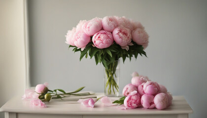Beautiful bouquet of peonies in a glass vase. Generative AI