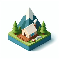 3D icon of a small cute camping site on a mountain background in isometric style on a white background
