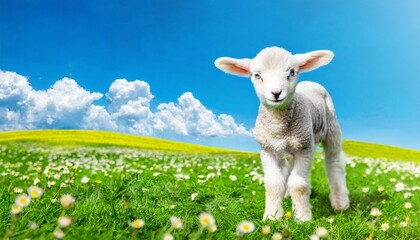 Fototapeta premium Cute little lamb on fresh spring green meadow during sunrise. Eid mubarak 