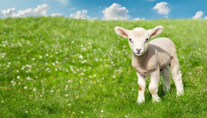 Cute sitting baby goat sheep background banner panorama spring easter. eid mubarak 
