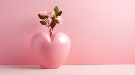 Romantic pink heart shape flower vase on pink background. Generate AI image