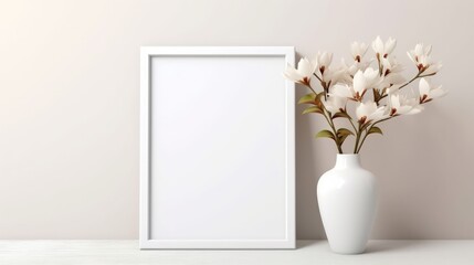 Empty picture white frame mockup on a white wall background. Generate AI image
