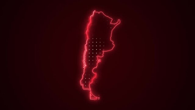 Neon Red Argentina Map Borders Outline Loop Background. Neon Red Colored Argentina Map Borders Outline Seamless Loop Dark Background. Argentina Neon Map Borders Outline.