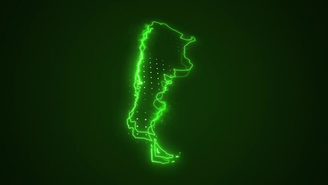3D Neon Green Argentina Map Borders Outline Loop Background. Neon Green Colored Argentina Map Borders Outline Seamless Loop Dark Background. Argentina Neon Map Borders Outline.