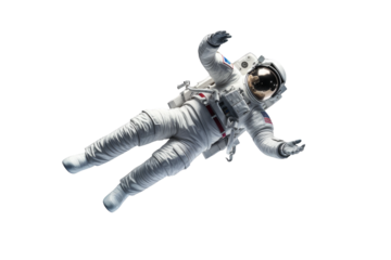 Astronaut in a white space suit floating in space with open arms isolated on a cutout PNG transparent background