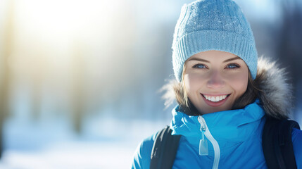 Image of a woman in the winter with sportswear, with winter landscape bokeh in the background, with empty copy space	

