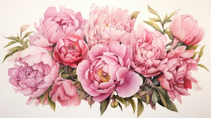 Fototapeta premium Watercolour Peonies, roses on white background. Watercolor Bouquet of Flowers greeting card. Postcard template with painted pastel floral elements. Aquarelle Spring and summer romantic illustration