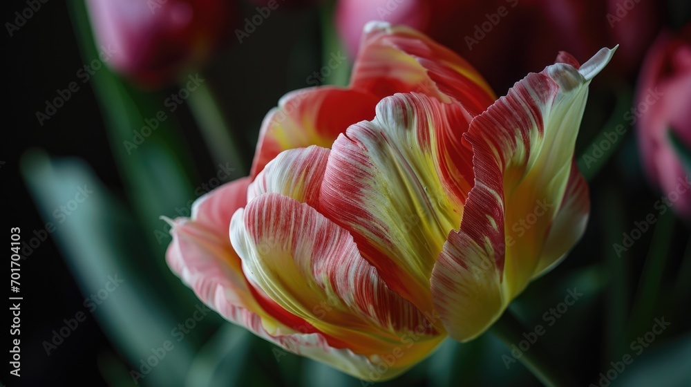 Poster A close-up shot of a vibrant red and yellow tulip. Perfect for adding a pop of color to any floral arrangement or garden display