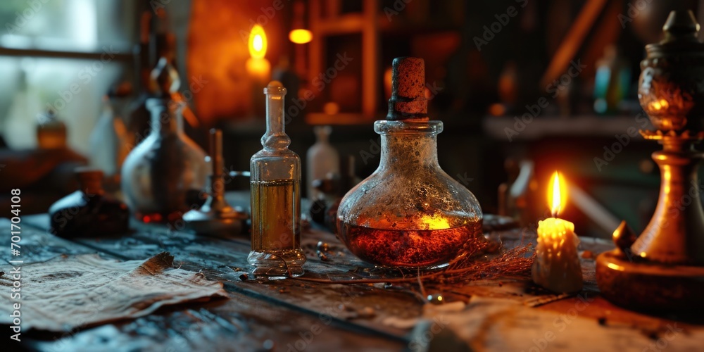 Poster A table with bottles and candles placed next to each other. Ideal for creating a cozy and intimate atmosphere
