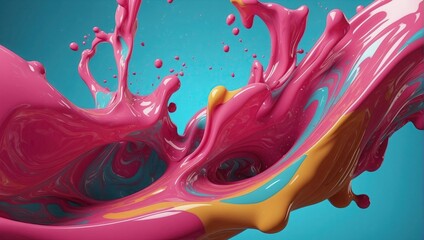 An abstract high-definition image captures hot pink and yellow liquid mid-splash, creating a vibrant, fluid dance of colors against a turquoise background.