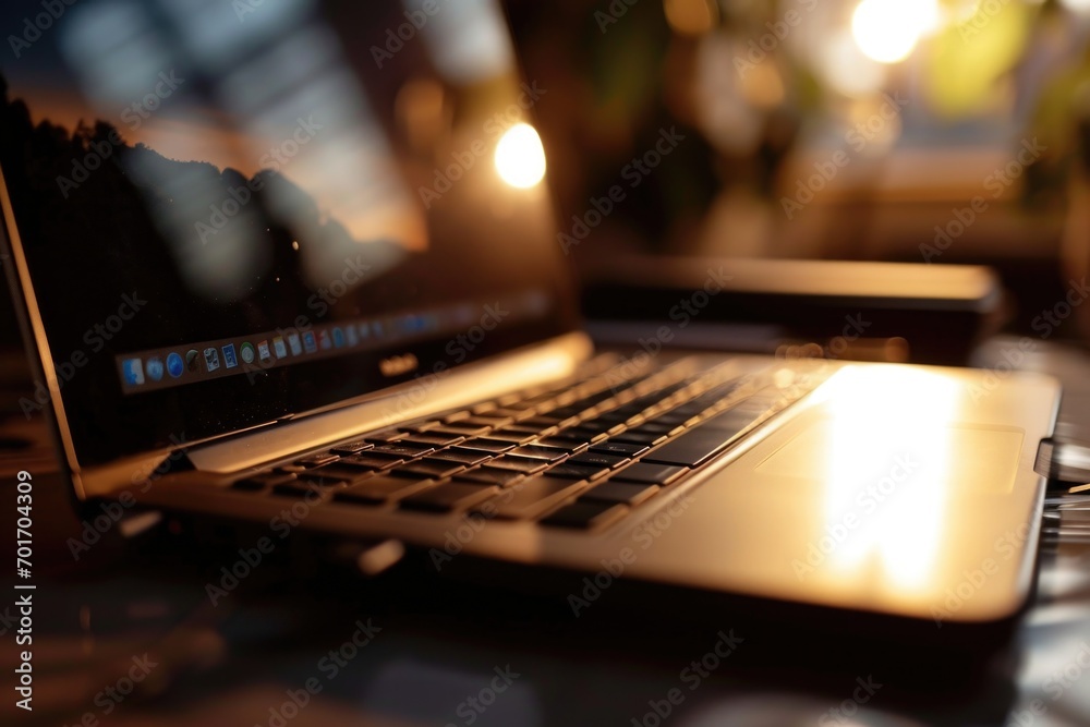 Poster a laptop computer sitting on top of a table. suitable for technology and office-related themes