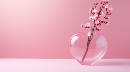 Romantic pink heart shape flower vase on pink background. Generate AI image