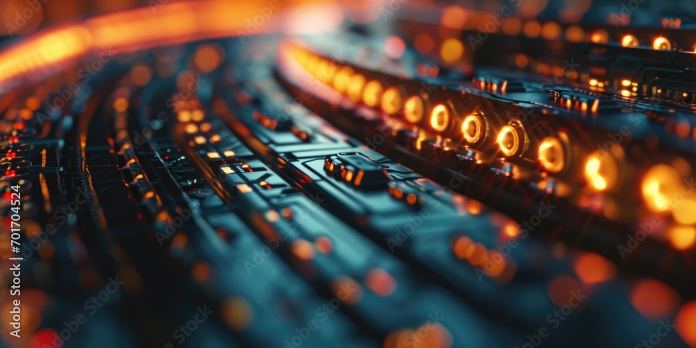 Poster A detailed view of a sound board with out-of-focus lights in the background. Perfect for music events or concert themes