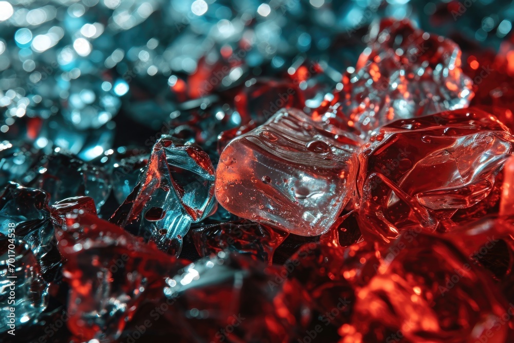 Poster A close-up view of a pile of ice cubes. This image can be used to depict concepts such as refreshment, coldness, or summer drinks