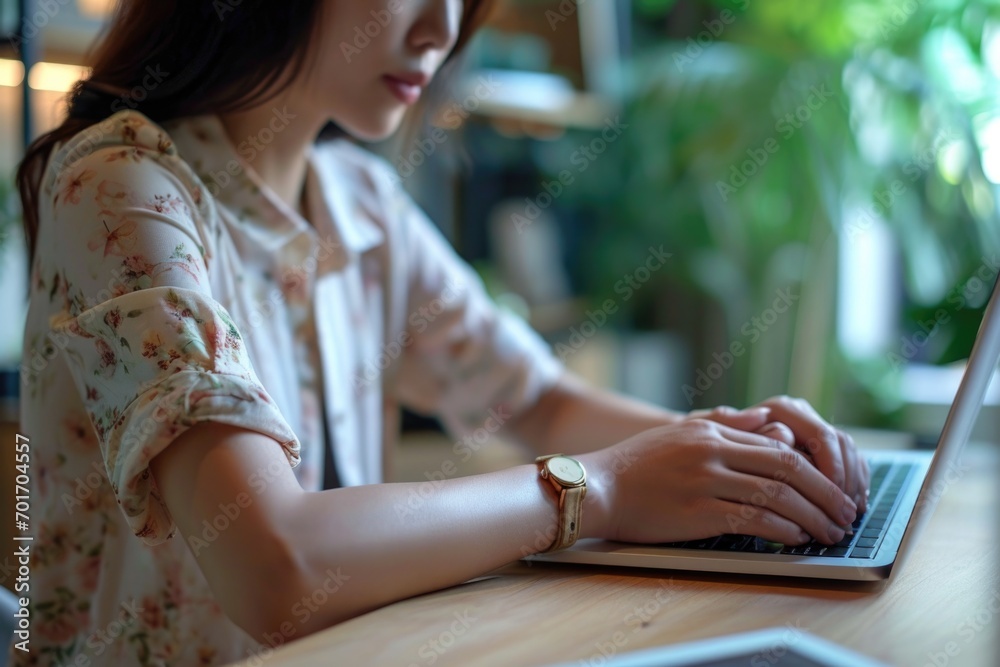 Poster a woman is shown typing on a laptop computer. this image can be used to depict various scenarios rel
