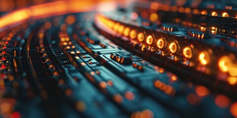 A detailed view of a sound board with out-of-focus lights in the background. Perfect for music events or concert themes - obrazy, fototapety, plakaty