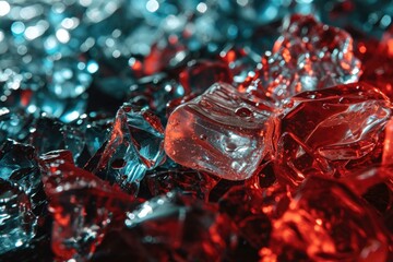 A close-up view of a pile of ice cubes. This image can be used to depict concepts such as refreshment, coldness, or summer drinks