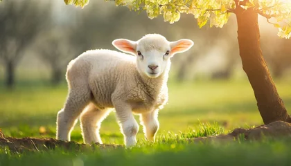 Poster Cute sitting baby goat sheep background banner panorama spring easter. eid mubarak   © adobedesigner