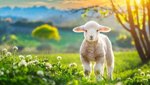Cute little lamb on fresh spring green meadow during sunrise. Eid mubarak	
