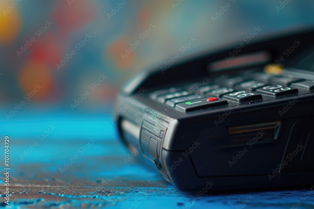 Poster a close up of a cell phone placed on a table. can be used to depict technology, communication, or wo
