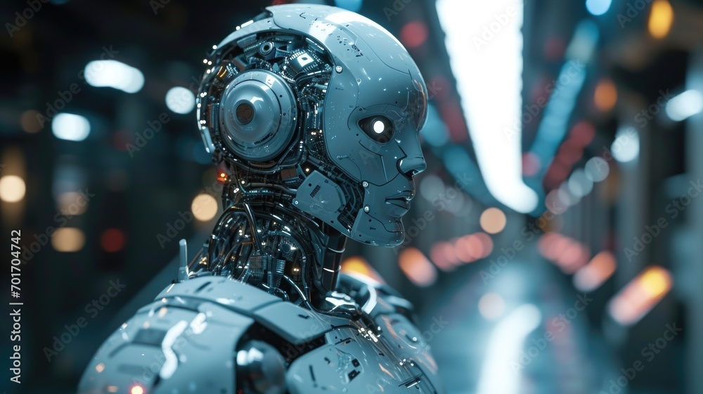 Poster A detailed close-up of a robot's head in a dimly lit room. This image can be used to depict futuristic technology, artificial intelligence, robotics, or science fiction themes