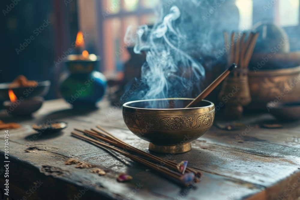 Poster a wooden table with a metal bowl filled with incense sticks. perfect for creating a calming and arom