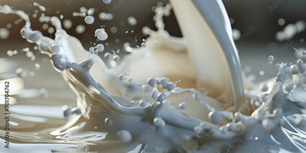 Poster a photograph capturing a splash of milk on a white surface. perfect for use in food and beverage adv