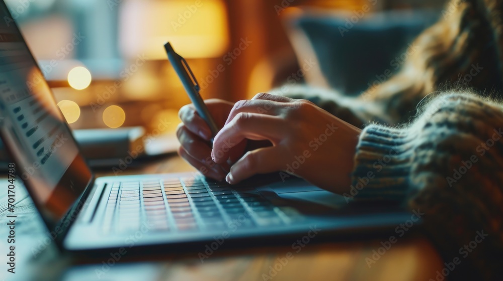 Poster A person working on a laptop, using a pen to type. Suitable for illustrating productivity and technology concepts