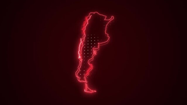 3D Moving Neon Red Argentina Map Borders Outline Loop Background. Neon Red Colored Argentina Map Borders Outline Seamless Loop Dark Background. Argentina Neon Map Borders Outline.