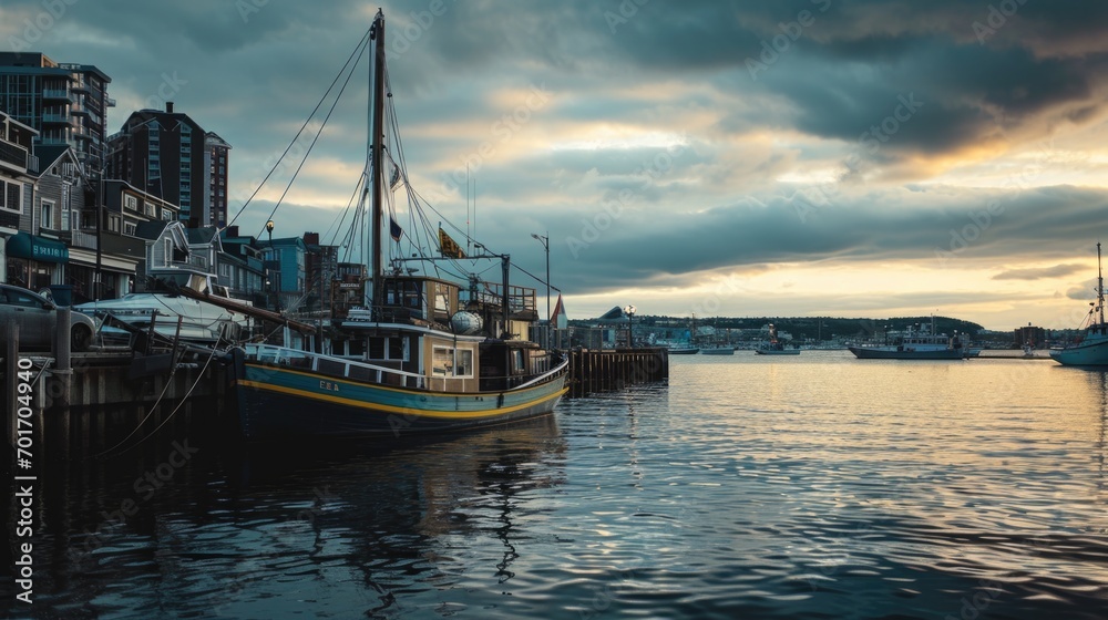 Poster a boat is docked in a harbor with buildings in the background. this image can be used to depict a pe