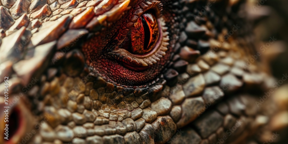 Poster a detailed view of a lizard's eye, showcasing its unique patterns and textures. perfect for nature e