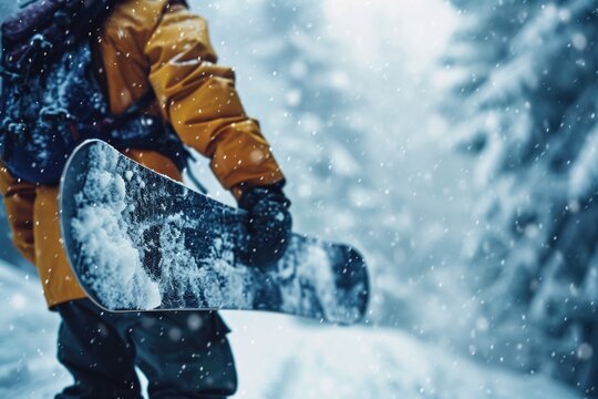 A person holding a snowboard in the snow. This image can be used to depict winter sports and outdoor activities