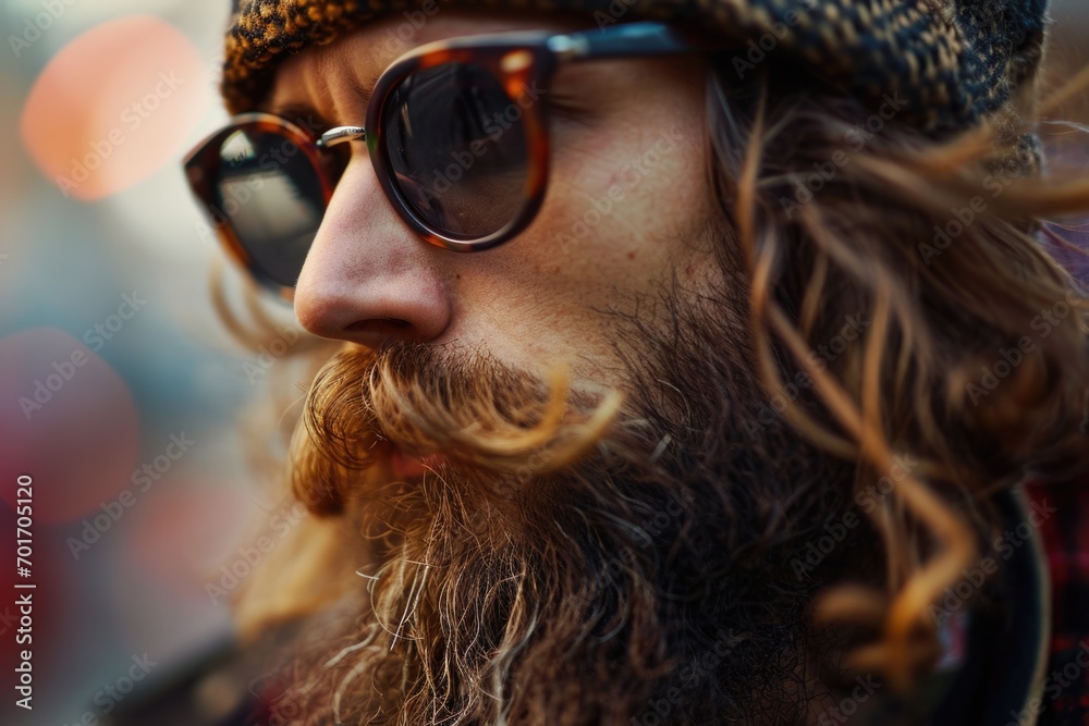 Poster a man with a long beard wearing a hat and sunglasses. suitable for various themes and concepts