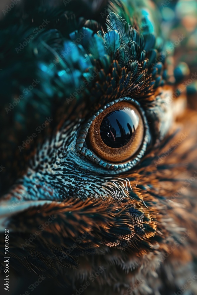 Poster A close up view of a bird's eye and its intricate feathers. This image can be used to showcase the detailed beauty of birds or as a symbol of freedom and nature