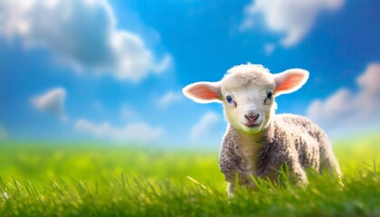 Fototapeta premium Cute little lamb on fresh spring green meadow during sunrise. Eid mubarak 
