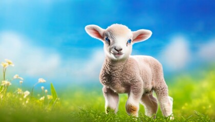 Cute little lamb on fresh spring green meadow during sunrise. Eid mubarak