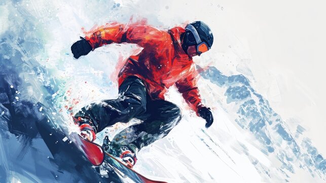 A man is riding a snowboard down a snow-covered slope. This image can be used to depict winter sports and outdoor activities