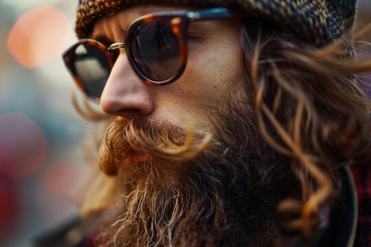 A man with a long beard wearing a hat and sunglasses. Suitable for various themes and concepts