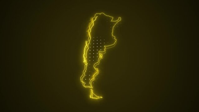 3D Moving Neon Yellow Argentina Map Borders Outline Loop Background. Neon Yellow Colored Argentina Map Borders Outline Seamless Loop Dark Background. Argentina Neon Map Borders Outline.