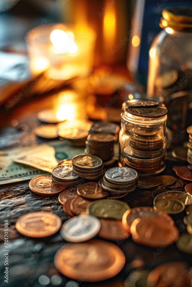 Poster a pile of coins sitting on top of a table. suitable for financial concepts and money-related themes
