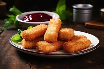 Breaded fried mozzarella cheese sticks served with cranberry sauce on the wooden table