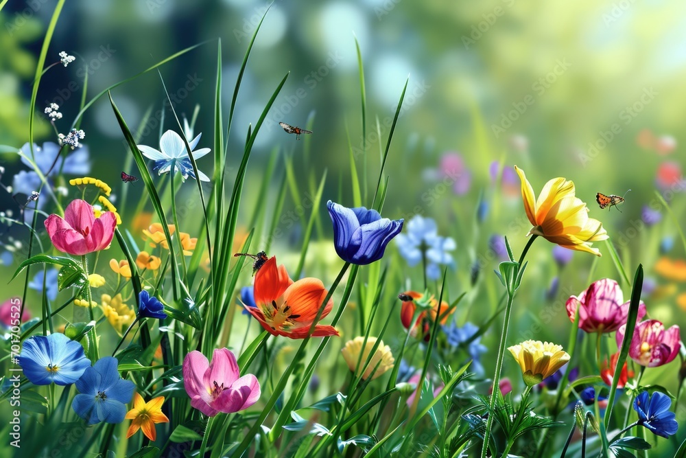 Aufkleber a vibrant field of colorful flowers with a butterfly flying in the sky. perfect for nature and garde