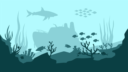 Underwater seascape vector illustration. Deep sea landscape with shipwreck, fish and coral reef. Undersea landscape for illustration, background or wallpaper